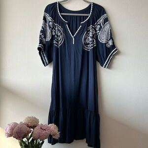 TRIBAL Notch Neck Embroidered Dress in navy blue